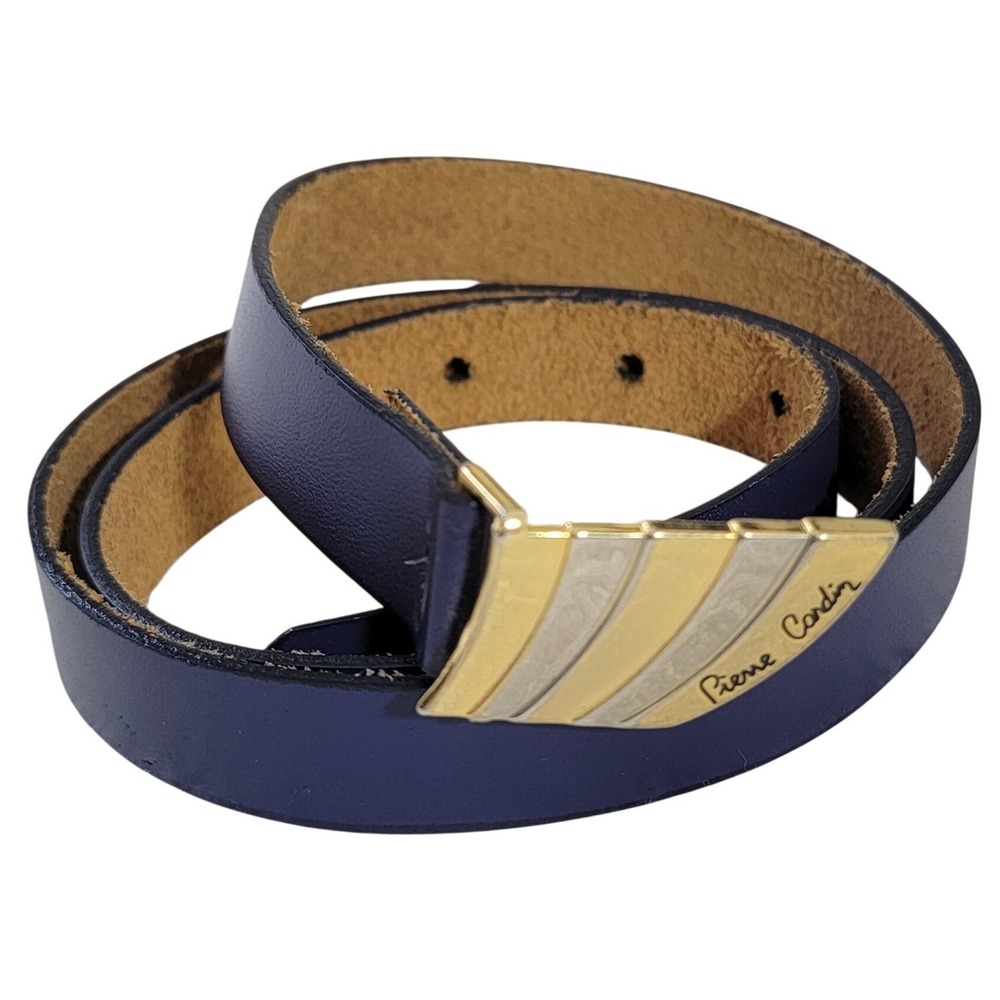 VTG Pierre Cardin Navy Blue Full Grain Cowhide Leather Skinny Belt L Spain Made